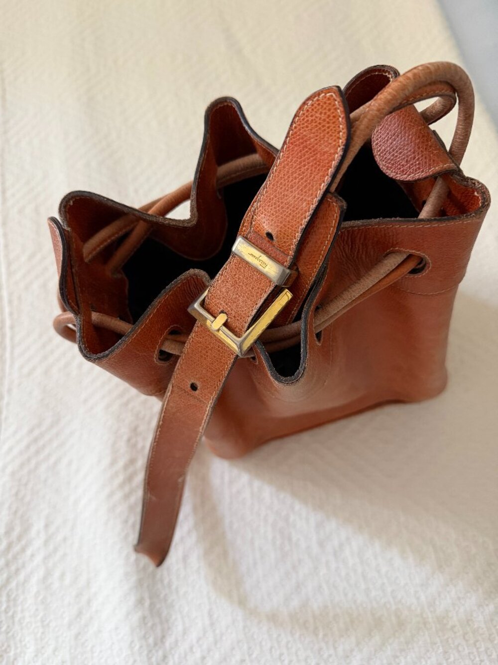 Vintage Salvatore Ferragamo Cognac Pebbled Leather Bucket Bag - BC-212707